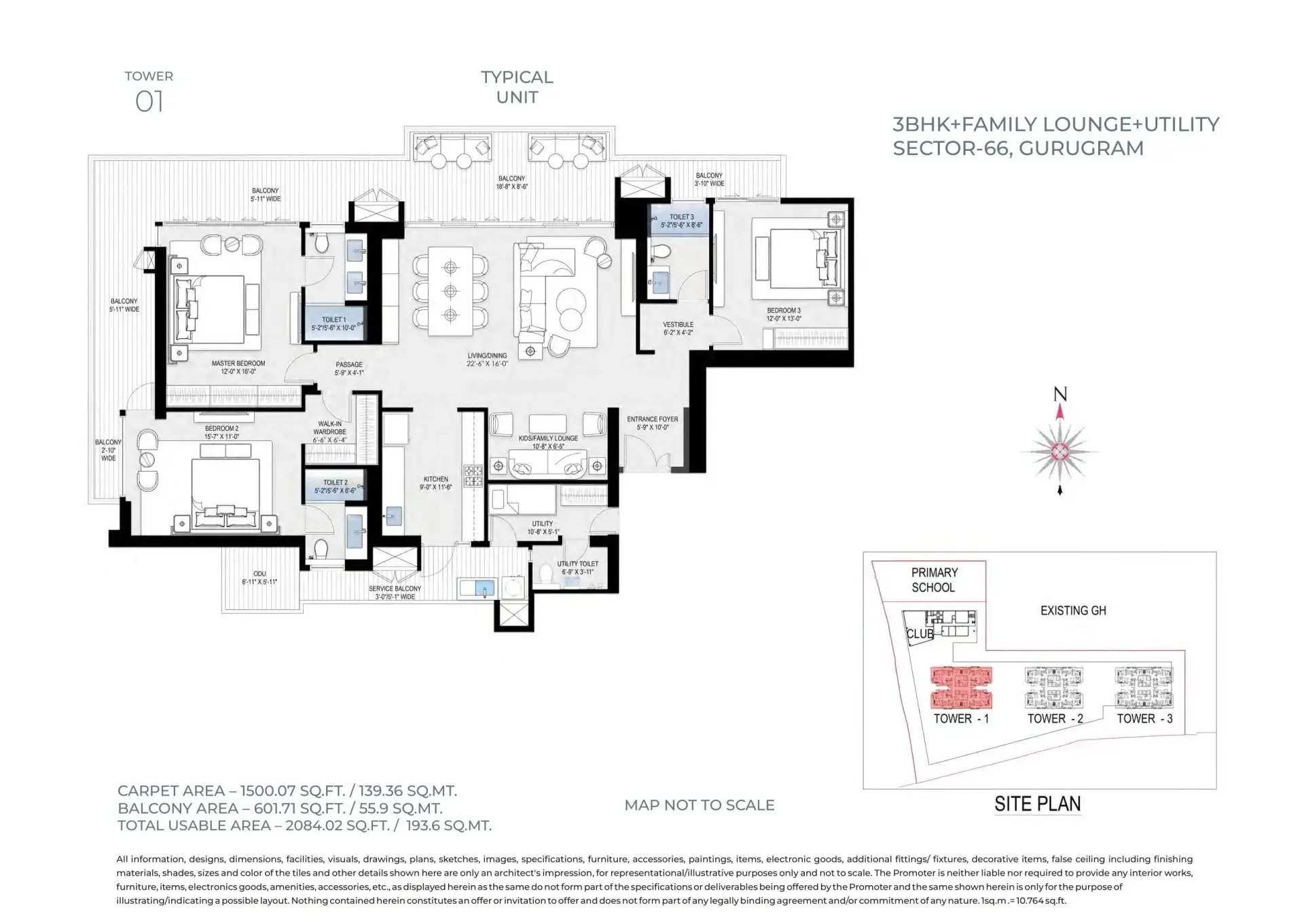 3 BHK + Family Lounge + Utility — Tower 1 floor plan