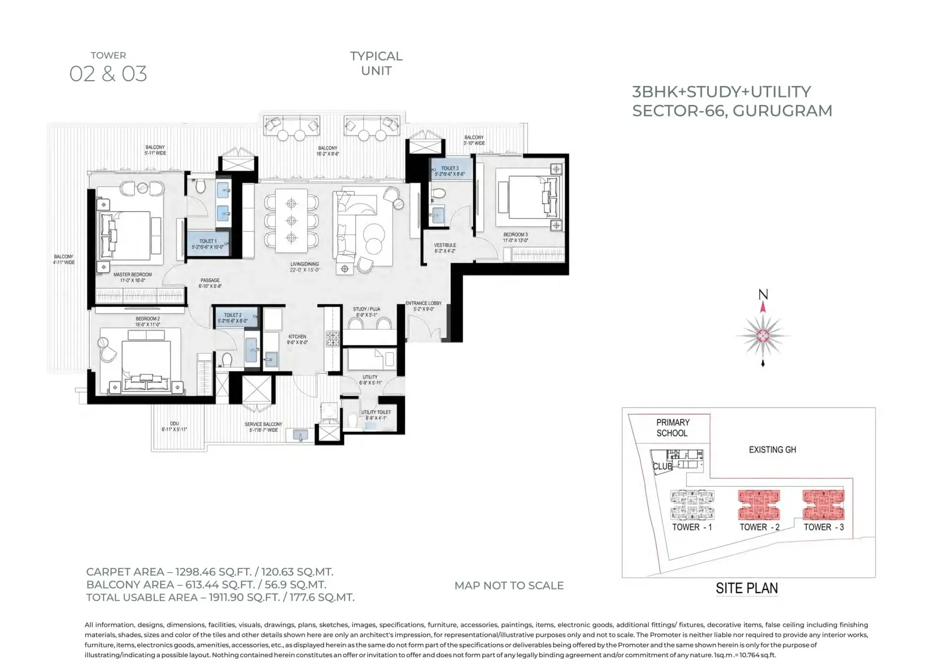 3 BHK + Study + Utility — Tower 2 & 3 floor plan