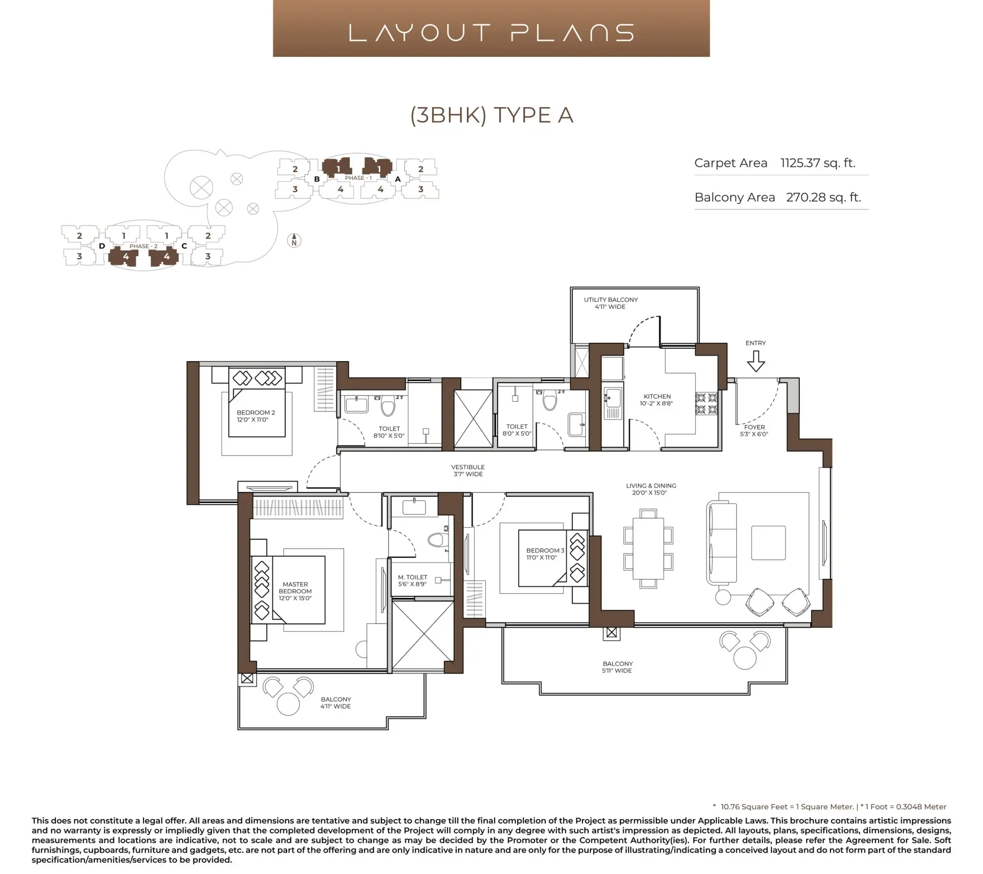 3 BHK — Type A floor plan