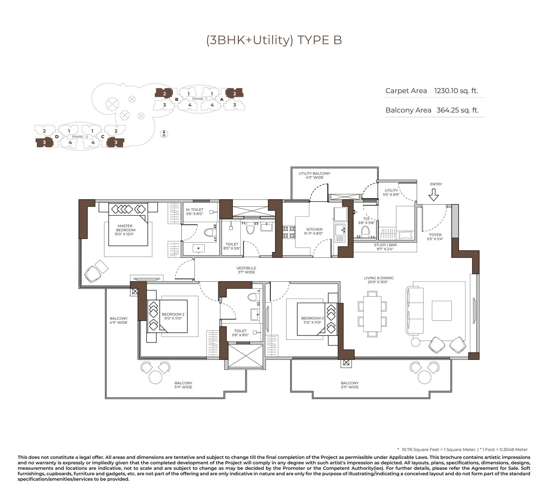 3 BHK — Type B floor plan