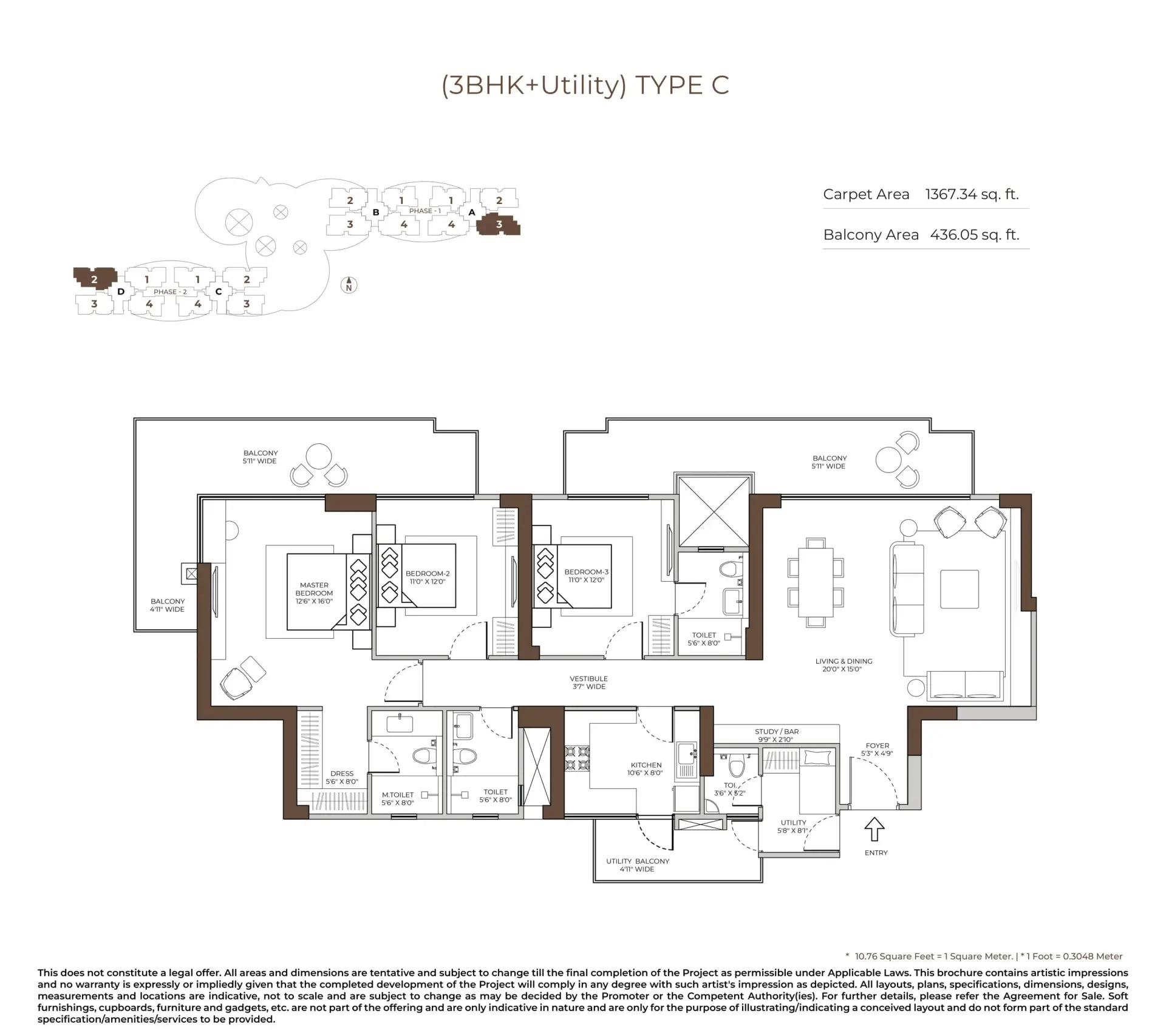 3 BHK — Type C floor plan