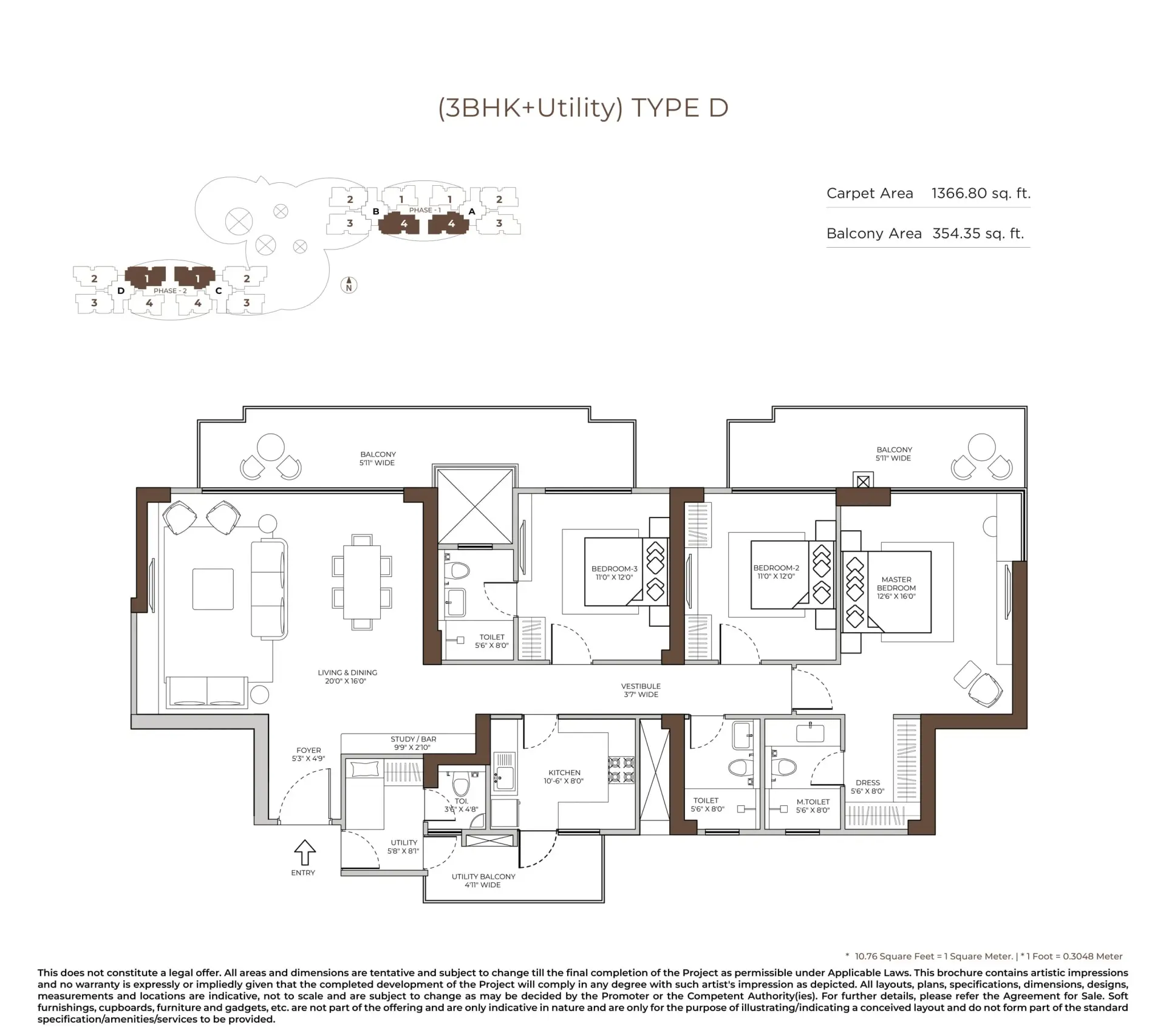 3 BHK — Type D floor plan