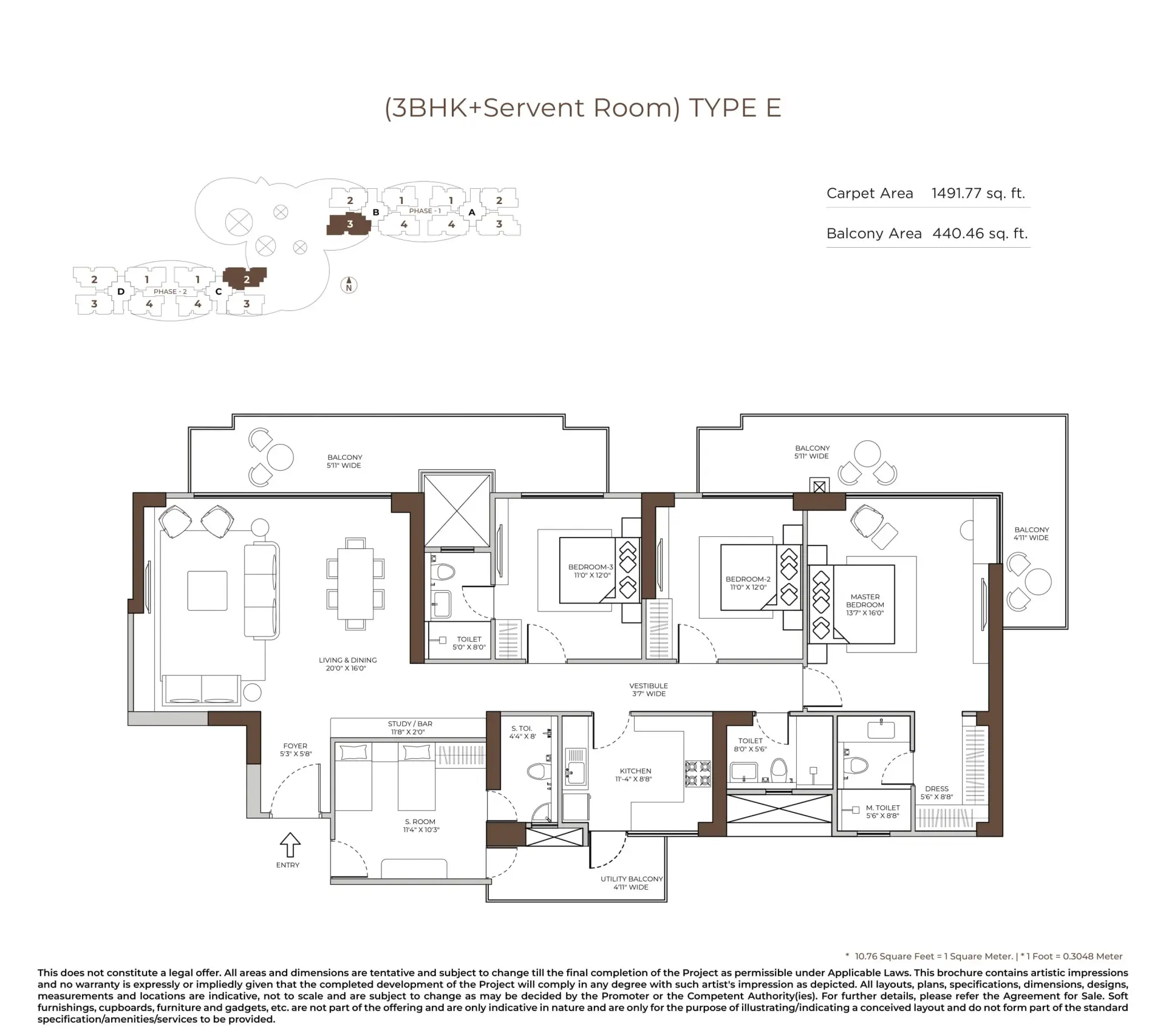 3 BHK — Type E floor plan