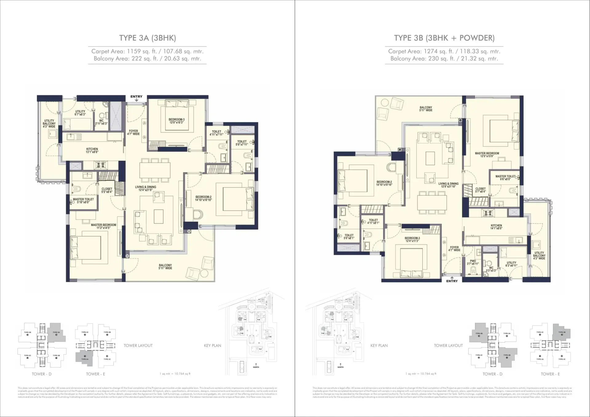 3 BHK — Type A floor plan