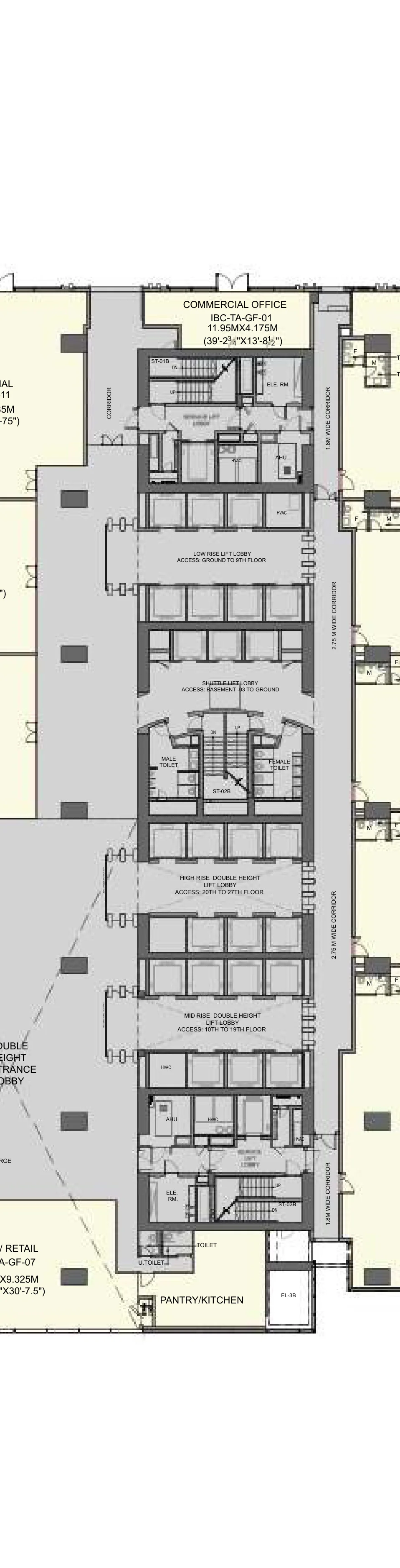 Block A ground-floor lift core — zoned passenger, shuttle & service lobbies
