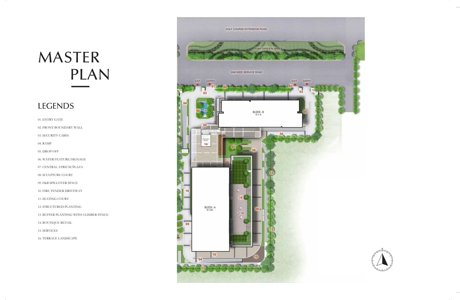 Master Plan · Block A (G+26) & Block B (G+9), boutique retail, central atrium & seating court — on Golf Course Extension Road