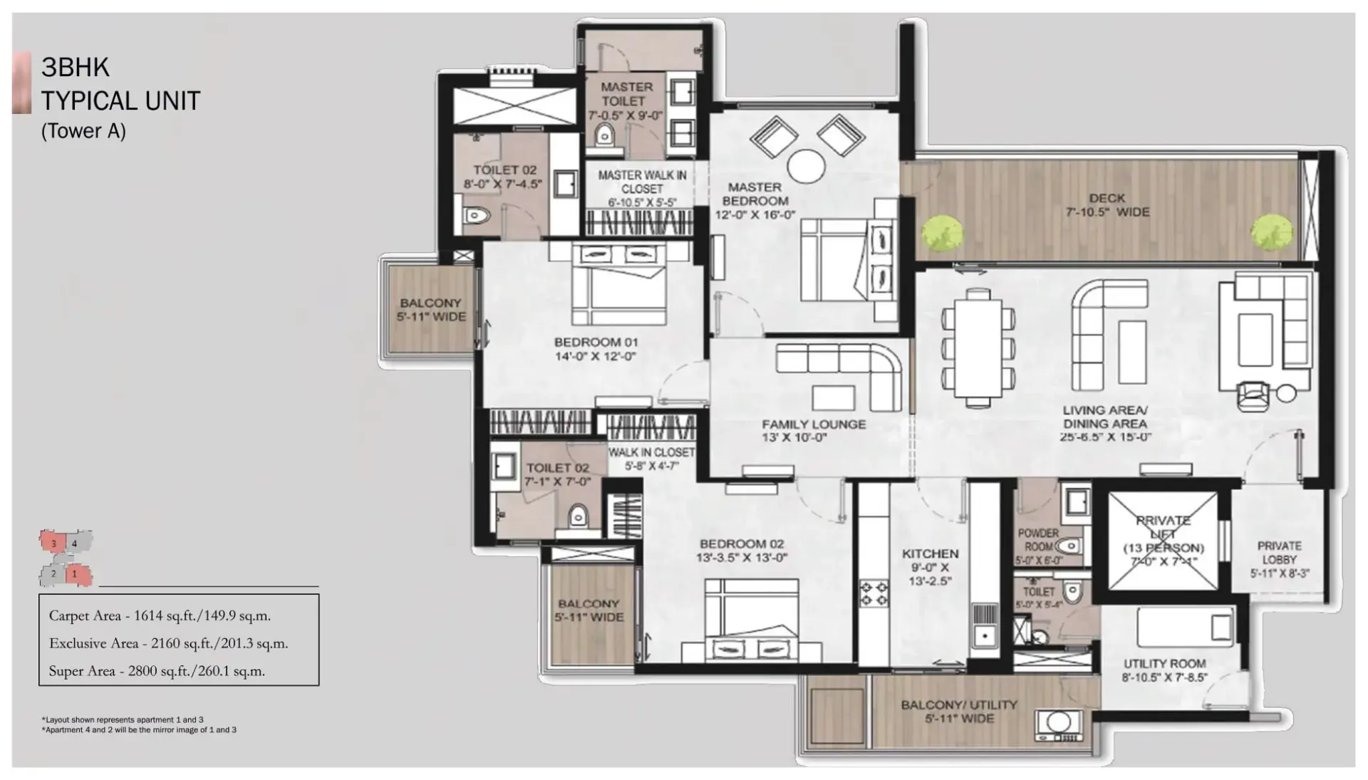 3 BHK - Typical Unit (Tower A) floor plan