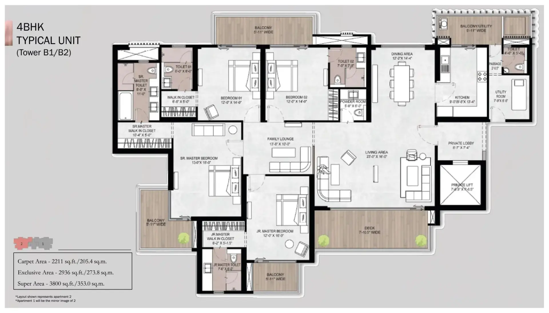4 BHK - Typical Unit (Tower B1/B2) floor plan