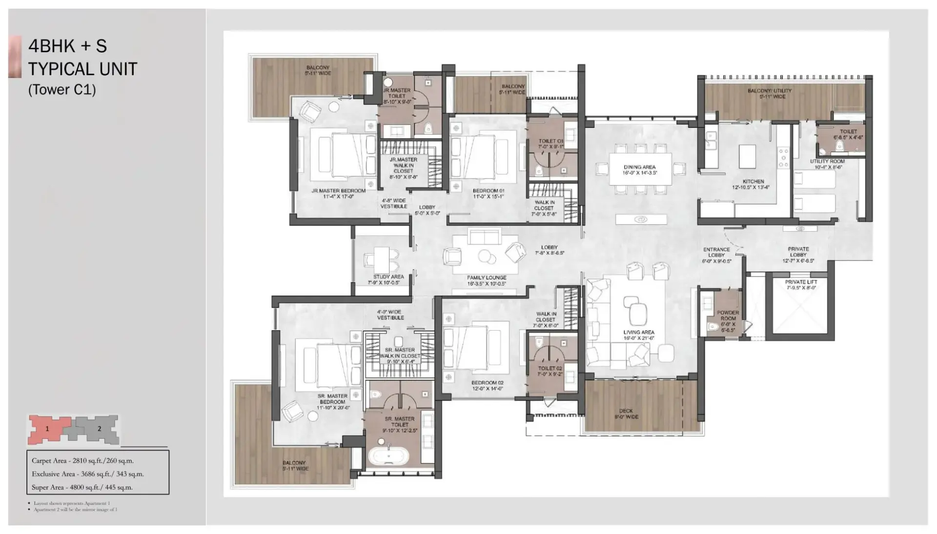 4 BHK + S - Typical Unit (Tower C1) floor plan