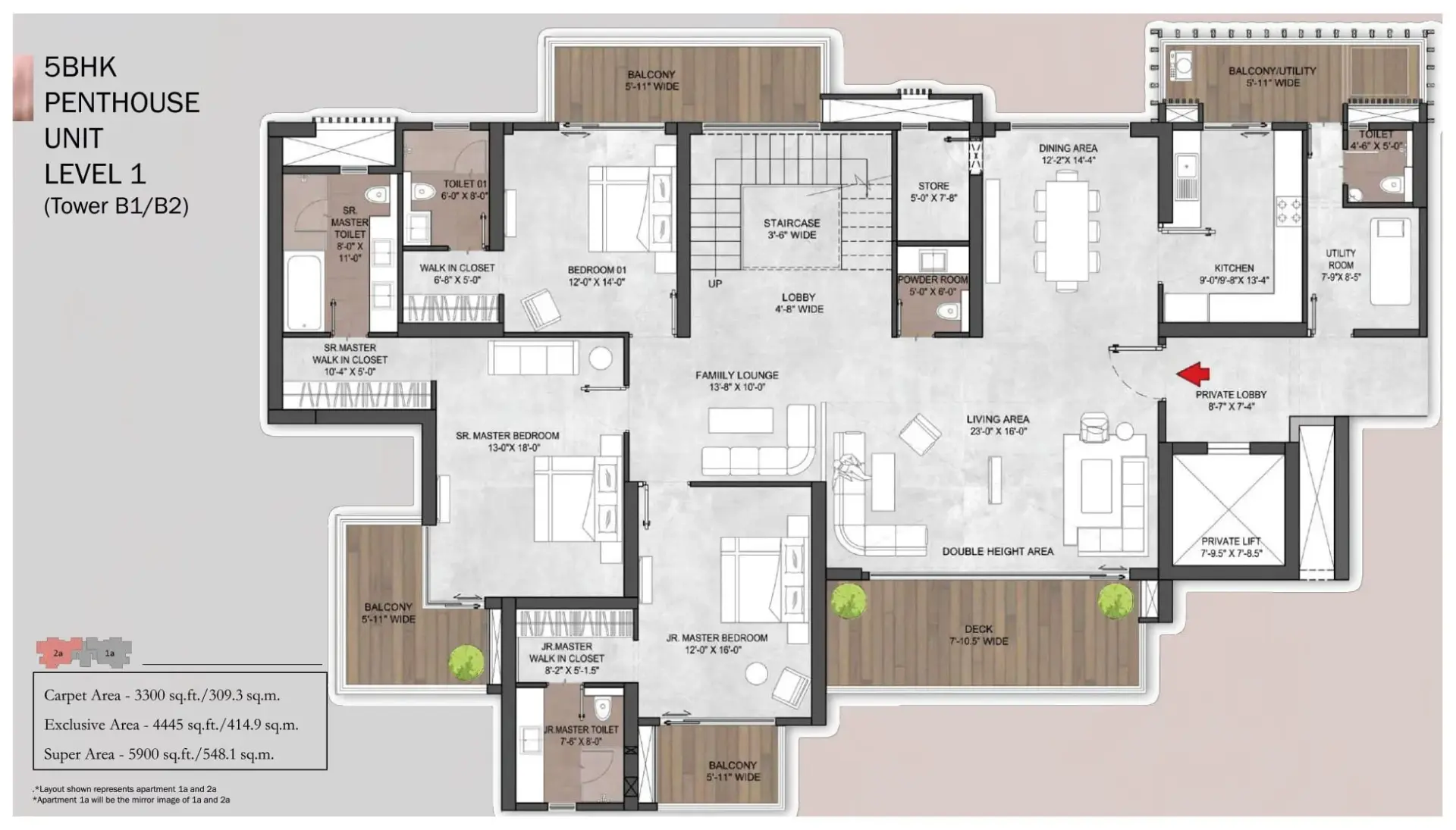 5 BHK - Penthouse Unit Level 1 (Tower B1/B2) floor plan