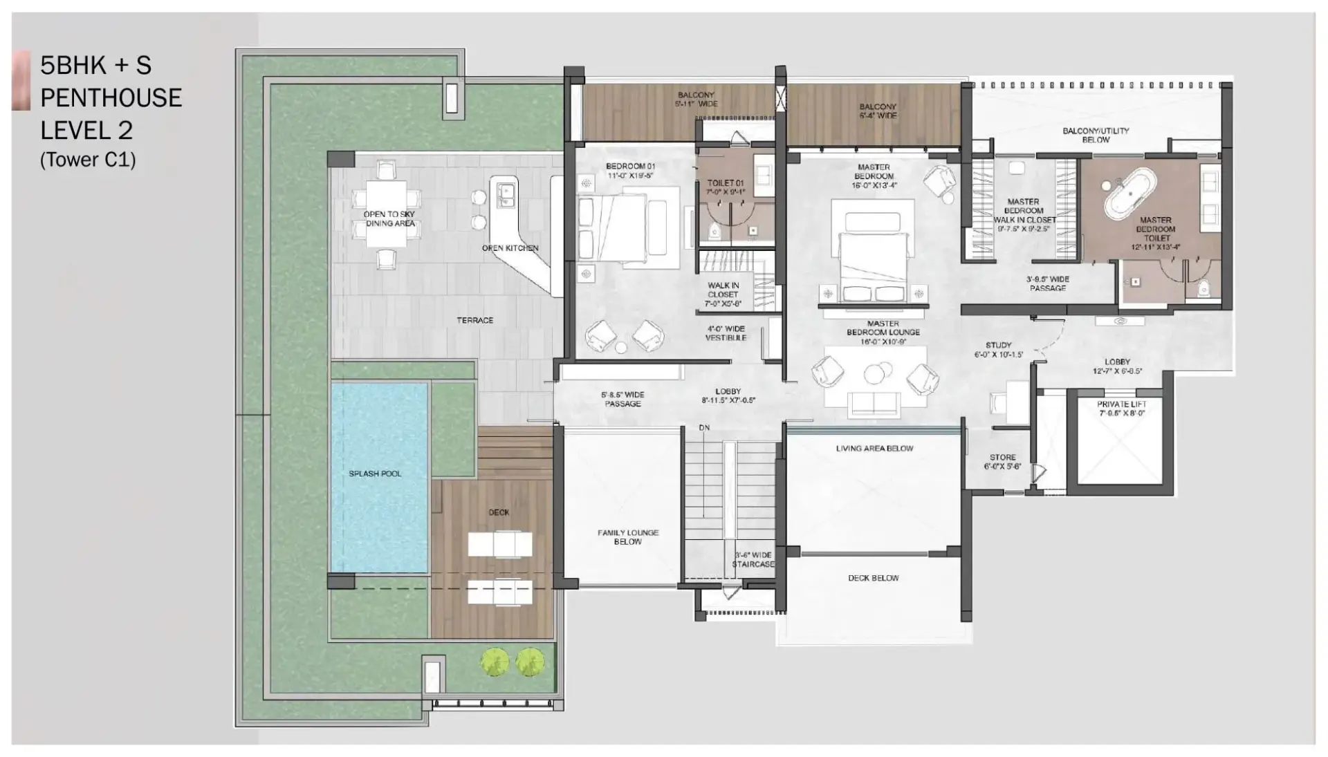 5 BHK + S - Penthouse Unit Level 1 (Tower C1) floor plan