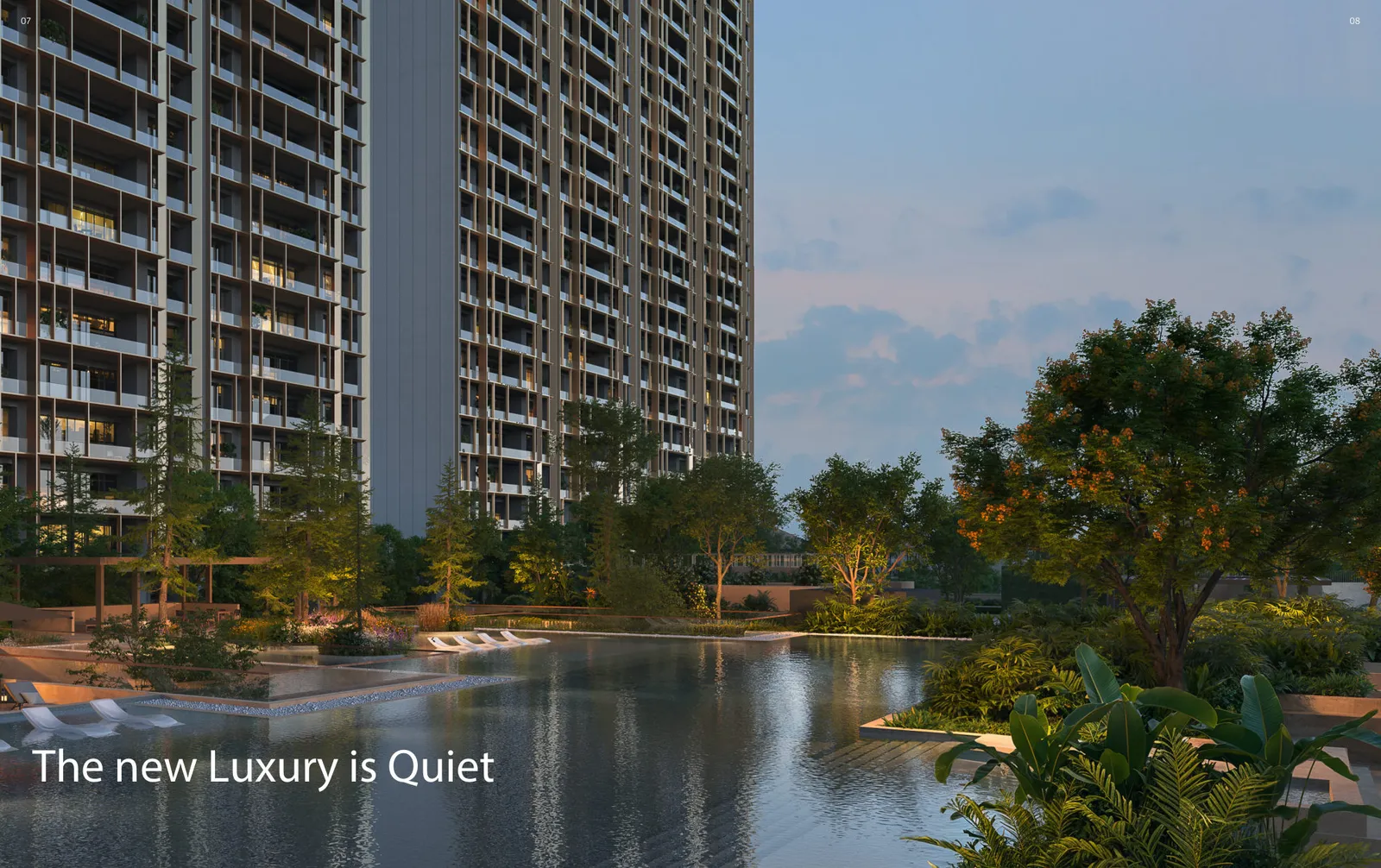 Tower facade with reflective pool · Architect's Impression
