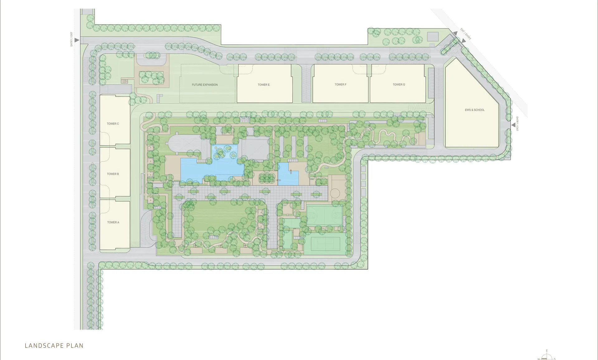 Masterplan · 14.816-acre estate, 6 towers around a central green