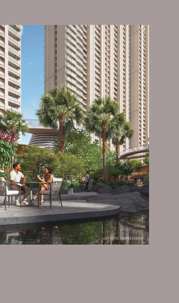 Tower rising over a landscaped plaza · Architect's Impression
