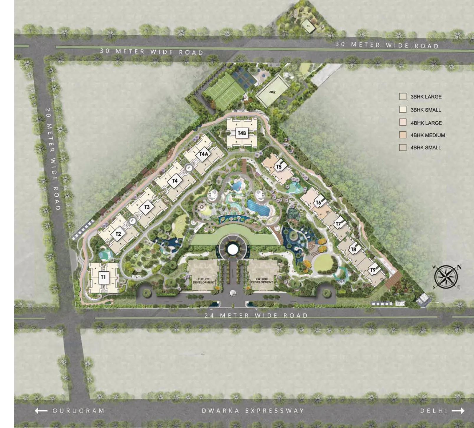 Master Plan · ~20-acre estate, 11 towers on landscaped stilts